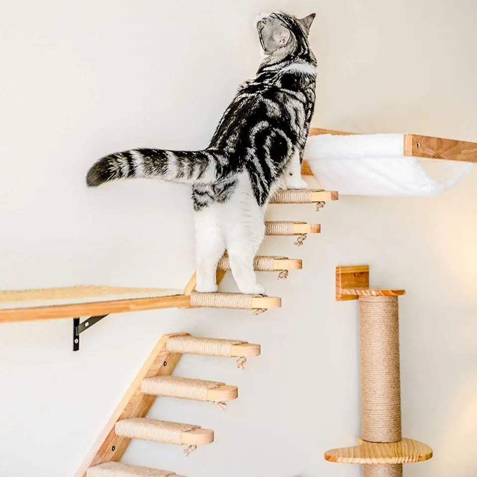 Cat Wall Mounted Furniture Hammock Climbing Shelves Cat Scratching Post Wooden Stairway Shelves Sisal Ladder Cat Climbing Frame
