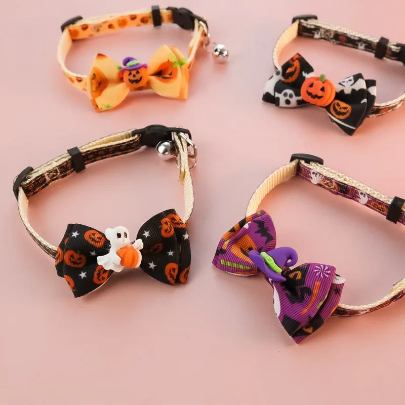 Bow Knot Halloween Pet Dog Collar Pumpkin Witch Hat Adjustable Neck Accessories for Cats Safety Buckle Decorate Pet Necklace