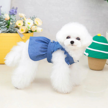 Dog Dress for Small Dogs Girl Clothes Dog Denim Dress Puppy Skirts Summer Pet Dress with Harness Hole for Small Medium Dogs Cats