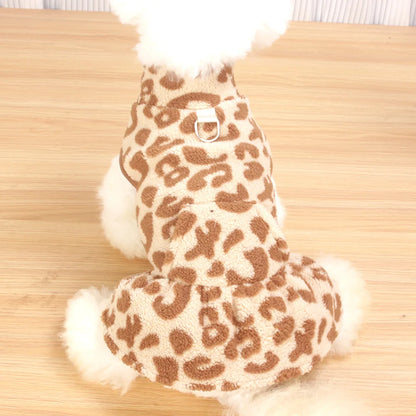 Leopard Dog Sweater Dress Fleece Puppy Dresses for Small Dogs Girl Cat Skirt Apparel Winter Warm Dog Clothes