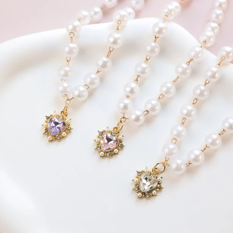 Pearl Chain Accessories for Cats Zircon Heart Pet Products Small Medium Puppy Neck Wear Wedding Birthday Gift Pet Dog Collar