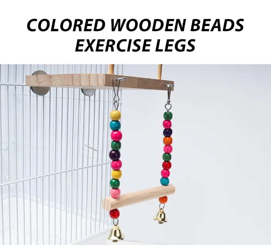 CAWAII KENNEL Pet Bird Swing Toy Wooden Parrot Perch Stand Playstand with Chewing Beads Cage Playground for Budgie Birds