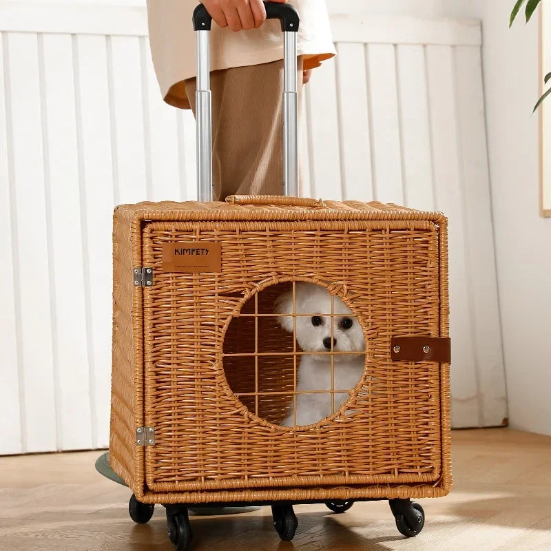 Cat Carrier Suitcase with Wheels for Pet Travel, knit Hard Cat Carrier Luggage with Mat and Telescopic Handle