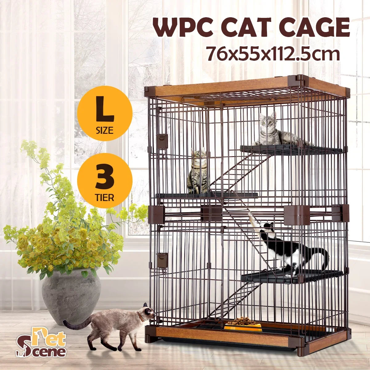Pet Scene Large 3-Tier Pet Enclosure with WPC Frame and Iron Wire Button Closure Rabbit Hutch Cat Cage Ferret Kennel for Pets