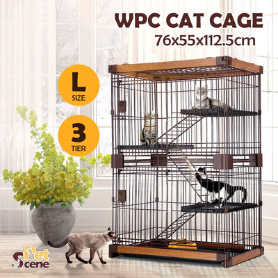 Pet Scene Large 3-Tier Pet Enclosure with WPC Frame and Iron Wire Button Closure Rabbit Hutch Cat Cage Ferret Kennel for Pets