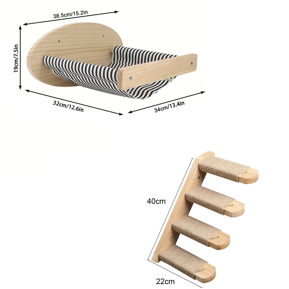 Wall Mounted Climbing Shelf Cat Tree 4 Steps Stairway with Cat Hammock Scratching Post for Sleeping Playing and Grinding Claw
