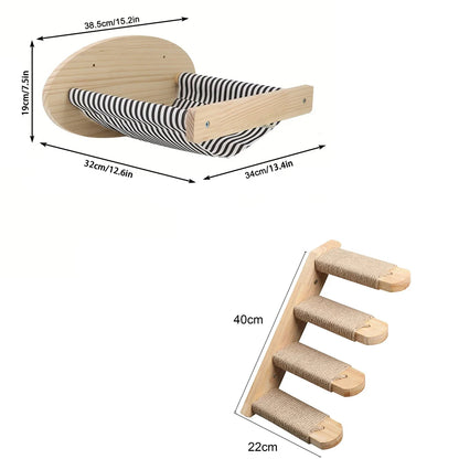 Wall Mounted Climbing Shelf Cat Tree 4 Steps Stairway with Cat Hammock Scratching Post for Sleeping Playing and Grinding Claw