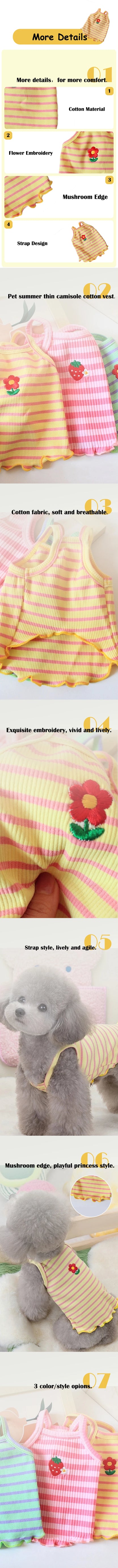 Flower Embroidery Pet Vest for Small Dogs Sweet Summer Striped Teddy Bear Cat Clothes Soft Cotton Designer Puppy Kitten T Shirt