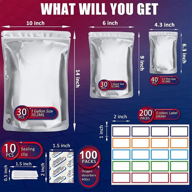 Mylar Bags With Oxygen Absorbers Mylar Bags For Food Storage With 100x400CC Oxygen Absorbers 3 Layers Thicken Resealable Bags