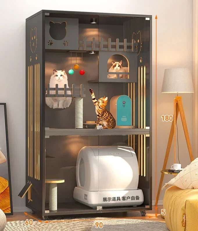 Retro Solid Wood Cat Cage for Living Room Cat House Two-layer One-piece Movable Light Luxury Creative  Cage for Cats