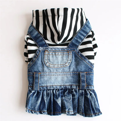 Spring Autumn Dog Clothes Dog Jeans Dress for Small Medium Dogs, Fashion Pet Denim Jacket Stripe Shirt Hooded Coat Puppy Skirts