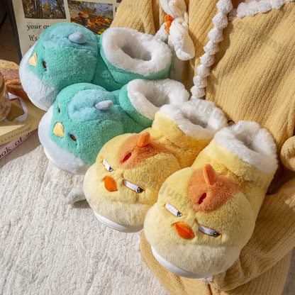 Women New Cute Cartoon Indoor Slippers Female Funny Yellow Chicken Winter Warm Fluffy Shoes Couples Home Floor Cotton Slippers