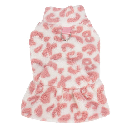 Leopard Dog Sweater Dress Fleece Puppy Dresses for Small Dogs Girl Cat Skirt Apparel Winter Warm Dog Clothes