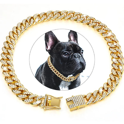 Dog Chain Diamond Collar Walking Metal Chain Collar with Design Secure Buckle Pet Cat Cuban Collar Jewelry Accessories