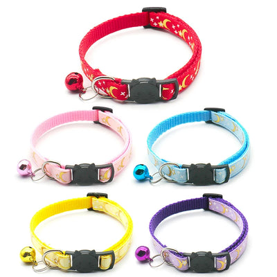 Gold Stars and Moon Cat Collar with Reflective Safety Buckle and Bell