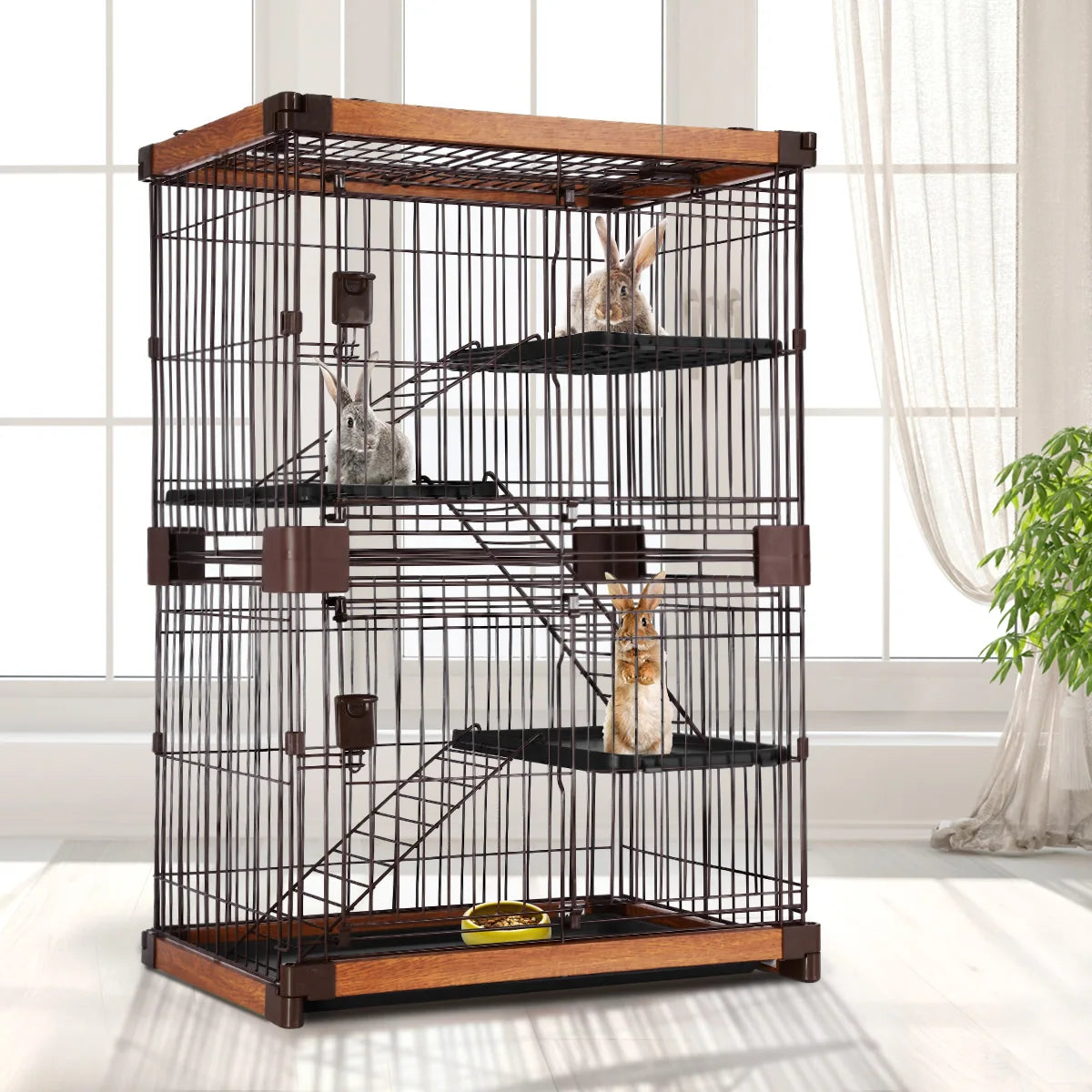 Pet Scene Large 3-Tier Pet Enclosure with WPC Frame and Iron Wire Button Closure Rabbit Hutch Cat Cage Ferret Kennel for Pets