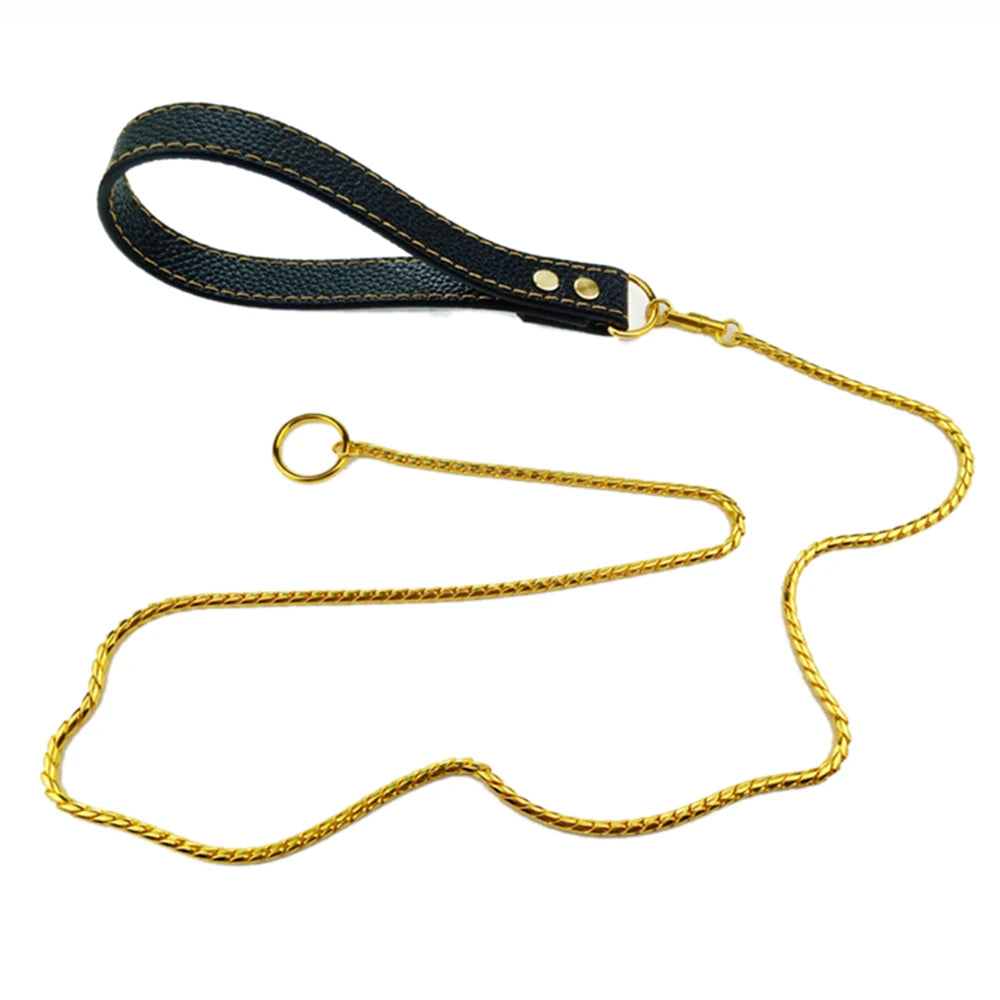 Integrated Dog Slip Chain Collar Leash 304 Stainless Steel Dog Metal Choke Collar Pet Training Leash Show with Leather Handle