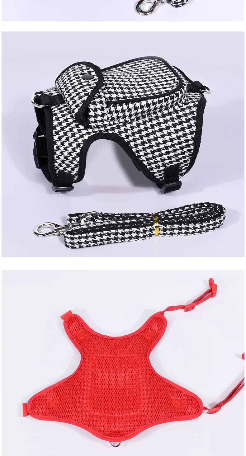 Houndstooth Small Vest PetDog Backpack Harness With Pocket Leash Lead Set Outdoor Pet Collar Walking Puppies Cats Carrier Bags