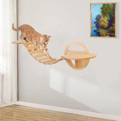 Cat Bridge Cat Tree Climbing Shelves Wooden Furniture Rope Net Design Suitable for Kitten to Play and Exercise Climbing Wall