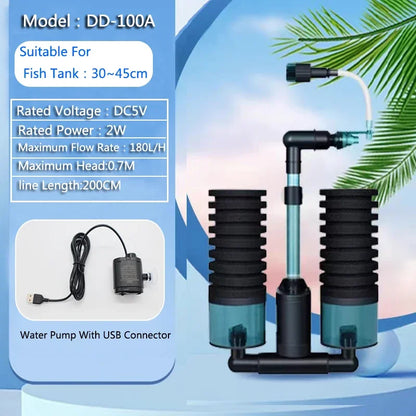 Aquarium USB Filter With Water Pump Electric For Fish Tank Air Pump Skimmer Biochemical Sponge Aquarium Bio Filter USB Connector