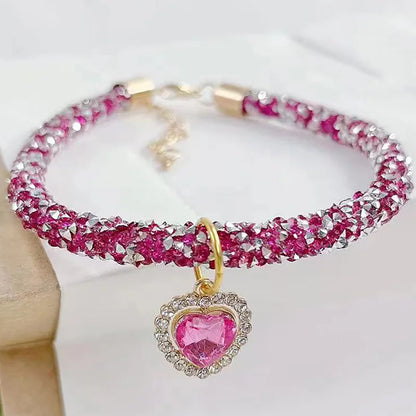 Soft Puppy Cat Collar with Heart Diamond Pendant Adjustable Luxury Reflective Bling Rhinestone Collar Crystal for Cats Small Dog