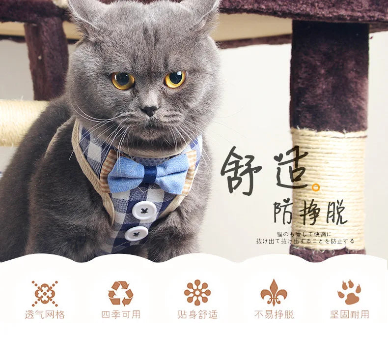 Dog Harness with Bow Plaid Cat Harness Adjustable Length Pet Harness with Dog Leash Four Colors Dog Harness and Leash Set