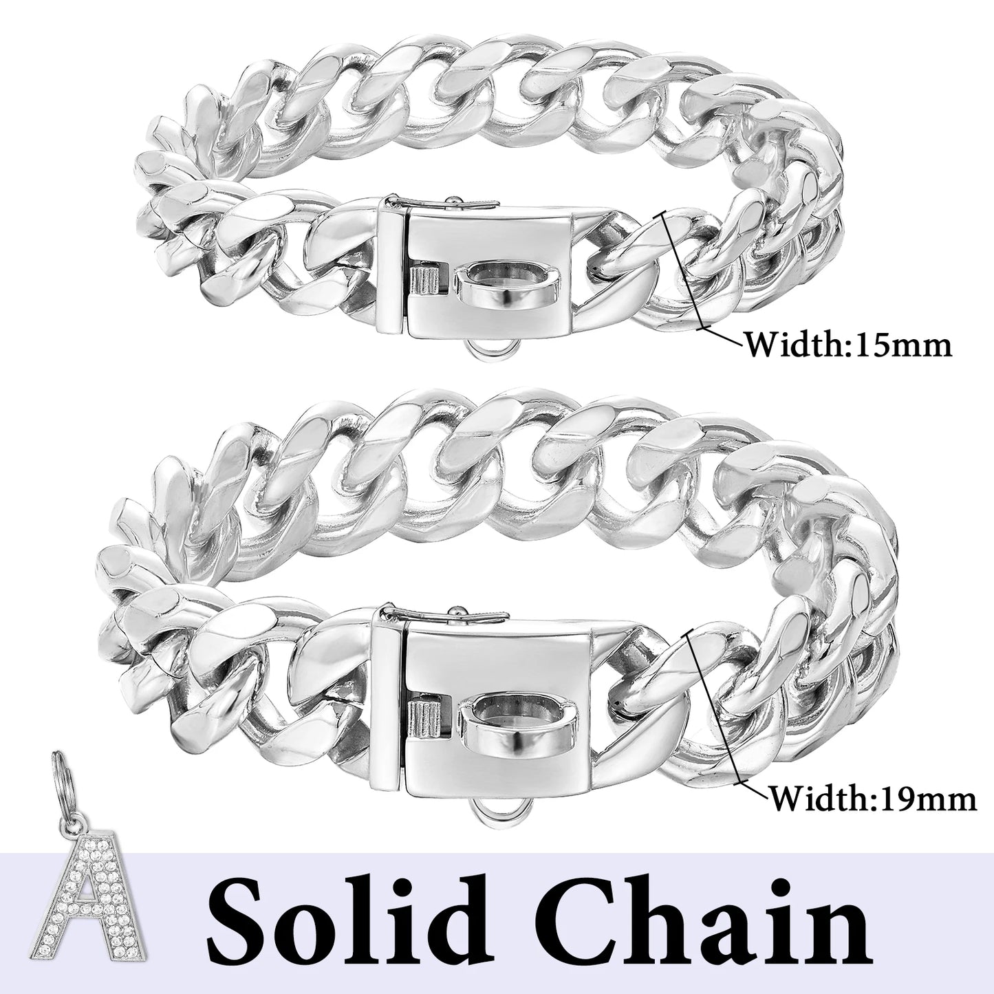 15/19mm Wide Solid Cuban Link Chain Gold Dog Chain Collar with Pendant A Strong Stainless Steel Chew Proof Collars for Large Dog