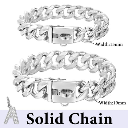 15/19mm Wide Solid Cuban Link Chain Gold Dog Chain Collar with Pendant A Strong Stainless Steel Chew Proof Collars for Large Dog
