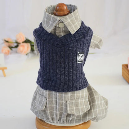 Thin Jumpsuits Dog Clothes Fake Two Piece Suit Spring Autumn Sportswear Knitted Sweater Vest & Shirt Fake Two-piecs Suit