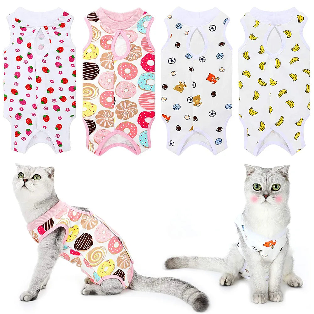 Cat Sleeveless Shirt Cat Recovery Suit Breathable E-Collar Alternative Vest for Cat Small Puppy Cute Printed Cotton Pet Clothes