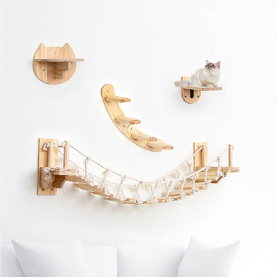 Wall Mounted Cat Climbing Wood Shelves Cat Bridge and Cat Hammock or Platform with Pedals for Kitten Perch and Rest