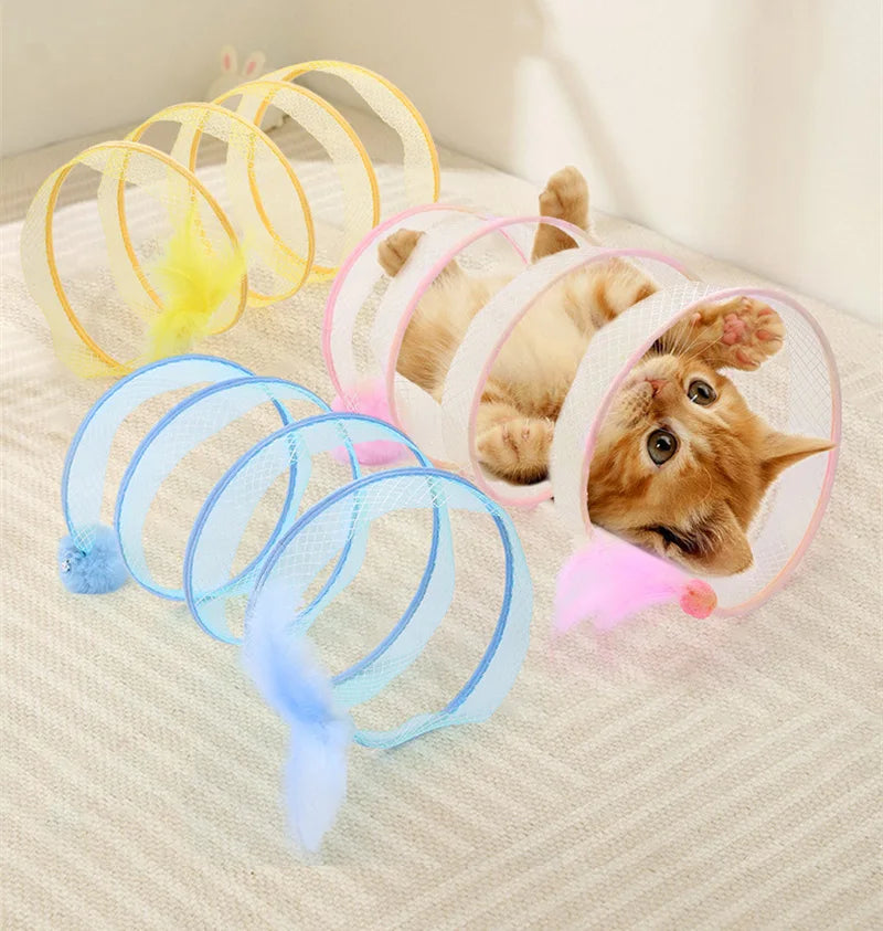 Folded Tunnel Pet Cat Toys Solid Color S Shaped Feather Ball Interactive Accessories For Kitten Home Energy Relieve Pet Supplies