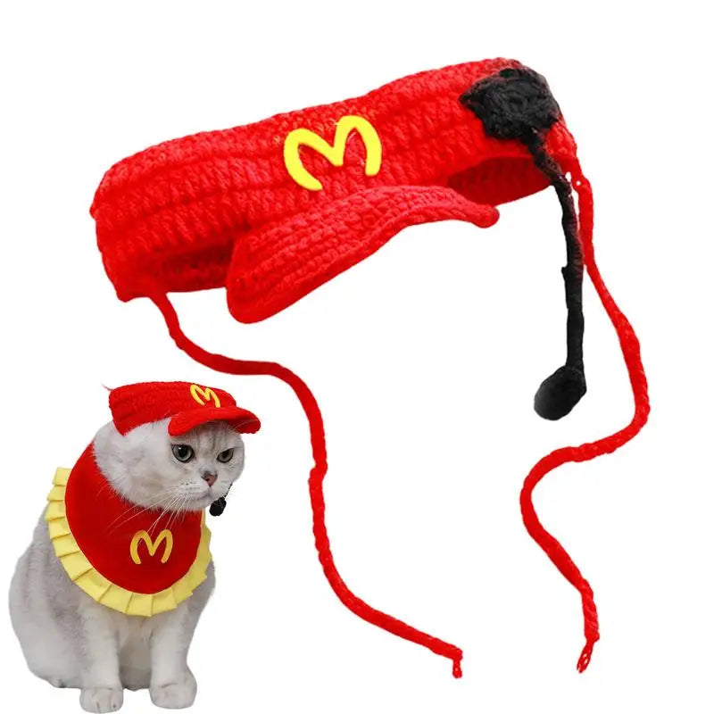 Funny Pet Hat Knitted Cat Waiter Beanie Hat Cartoon Pet Cosplay Caps for Puppy Kitten Weaving Puppy Costume Headwear Decoration