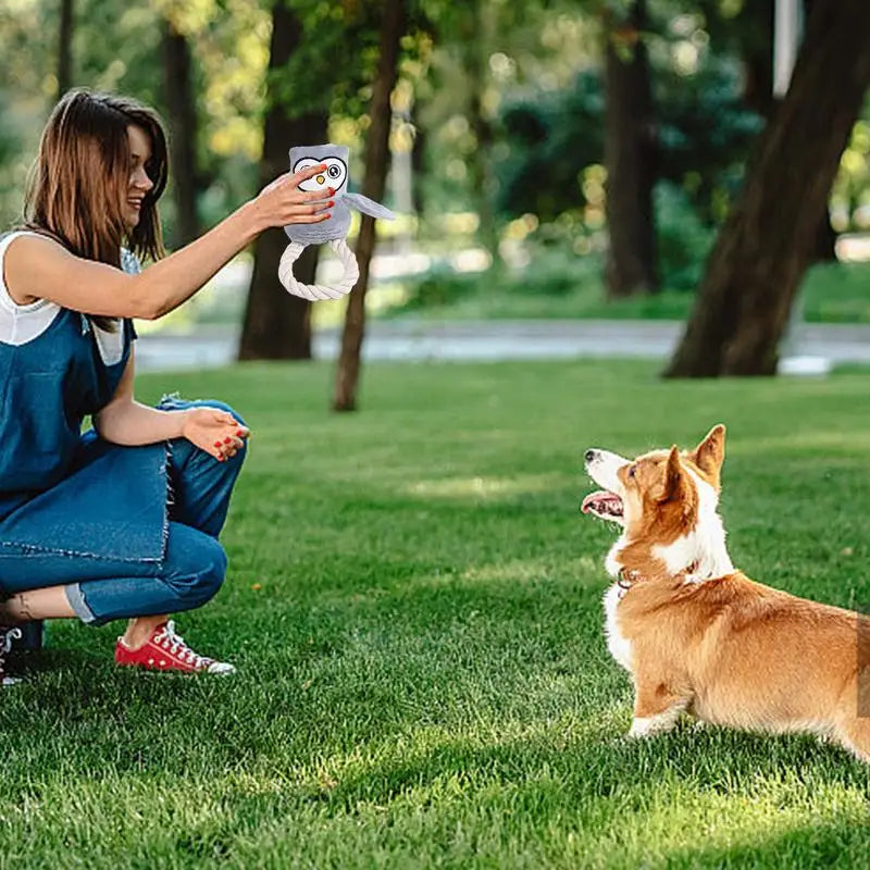 Dog Squeak Toys Owl Design Stuffed Dog Toys Durable Rope Plush Chew Fetch Brain Stimulating Toy Squeaky Pet Interactive Toy