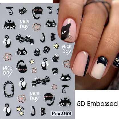 2pcs Black Cat Nail Stickers 3D Cute Cartoon Animal 3D Self-Adhesive Nail Art Decals Sliders Decorations Manicure Accessories