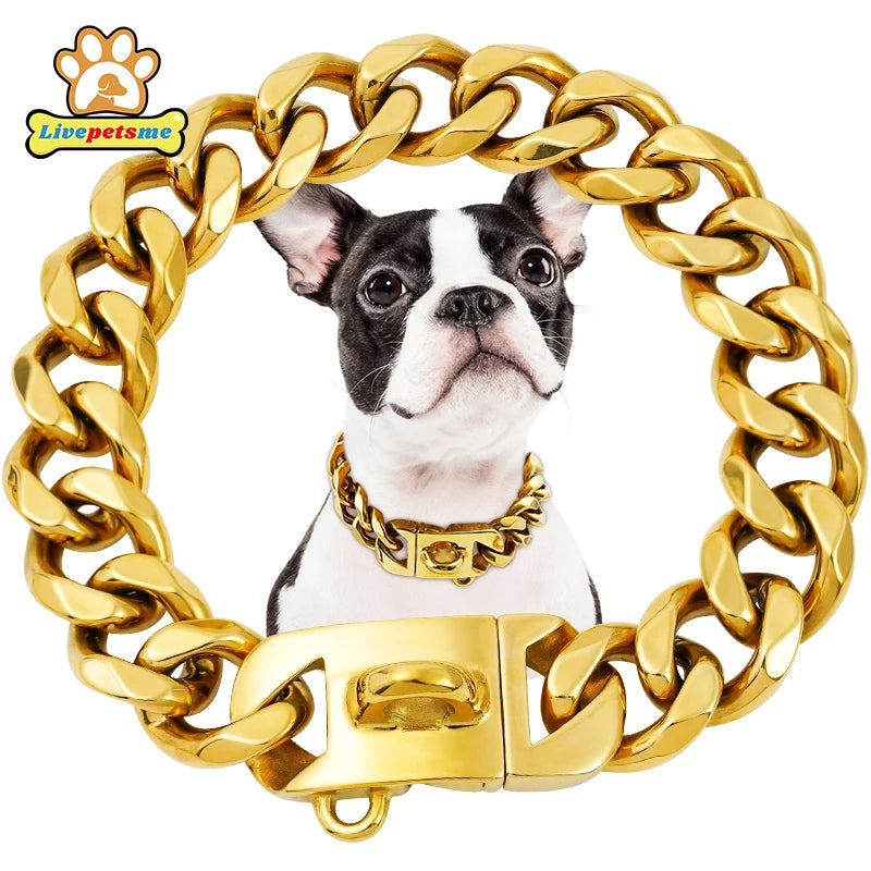 Stainless Steel 23mm Gold Dog Chain Collar Chew Proof Pet Chains Cuban Link Large Dog Collars