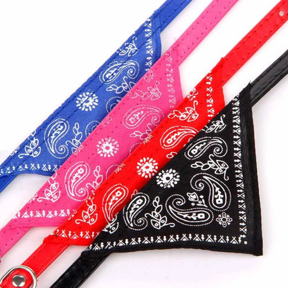 Small Dog Cat Bandana Collar Adjustable Puppy Dog Kitten Neckerchief PU Collar with Printed Triangular Scarf Pet Collar for Cat
