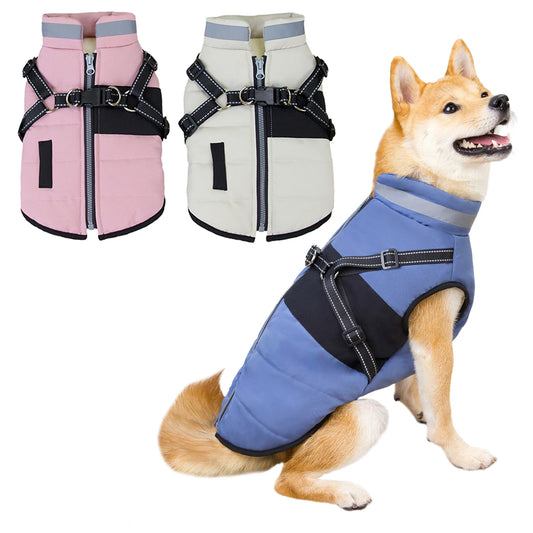 Reflective Dog Coat with Harness Winter Dog Fleece Coat Cold Weather Clothes Zipper Dog Harness Jacket for Medium Large Dogs