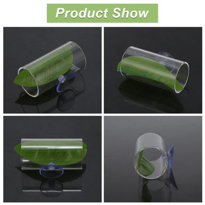 UXCELL Fish Tank Accessories Hollow Acrylic Betta Fish Cave with Betta Leaf Suction Cup Clear 1 Set Reptile Habitat Décor