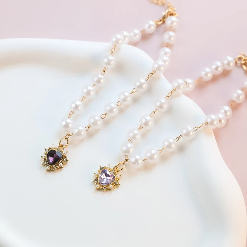 Pearl Chain Accessories for Cats Zircon Heart Pet Products Small Medium Puppy Neck Wear Wedding Birthday Gift Pet Dog Collar