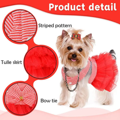 Princess Dog Dress for Small Dogs, Chihuahua Yorkie Layer Stripe Mesh Tutu Skirt Puppy Summer Clothes Pet Bowknot Dresses