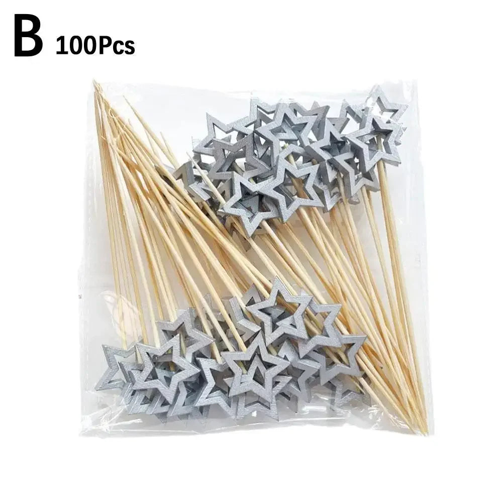 50Pcs Hollow Star Bamboo Skewers Disposable Insert Cocktail Fruit Toothpick Stick Christmas Picks Party Buffet Decor X1J5