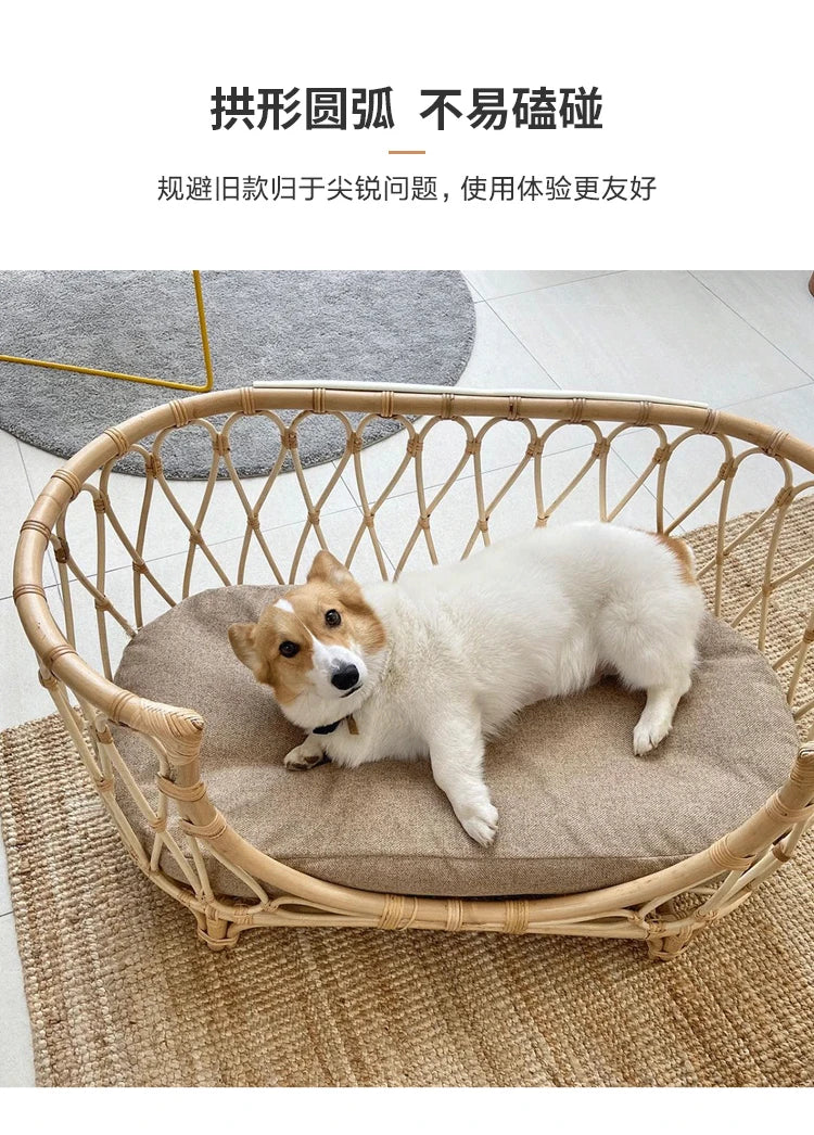 Japanese ins natural rattan dog cat pet bed teddy kennel princess bed summer removable cage