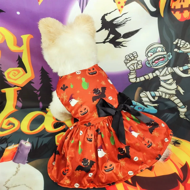 Halloween Dog Costume Funny Dog Clothes Pumpkin Print Pet Dress Chihuahua Bichon Clothing Bow Lace Festival Skirt Cat Dresses