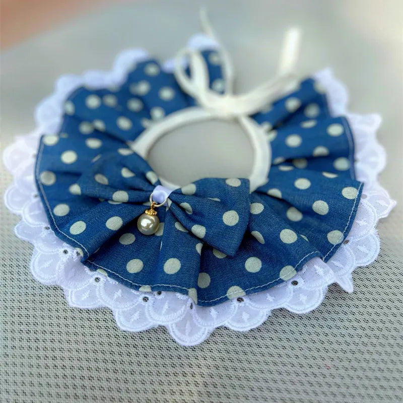 Puppy Cat Scarf  for Cats, Hairless Cat Lace Bibs with Pearl Bows Neck Strap, Pet Costume Accessories Plaid Dots Floral Pattern