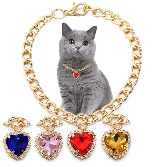 Luxury Dog Cat Necklace Jewelry with Heart Diamond Pendant Design Gold Chain Collar Pet Wedding Birthday Costume Accessories