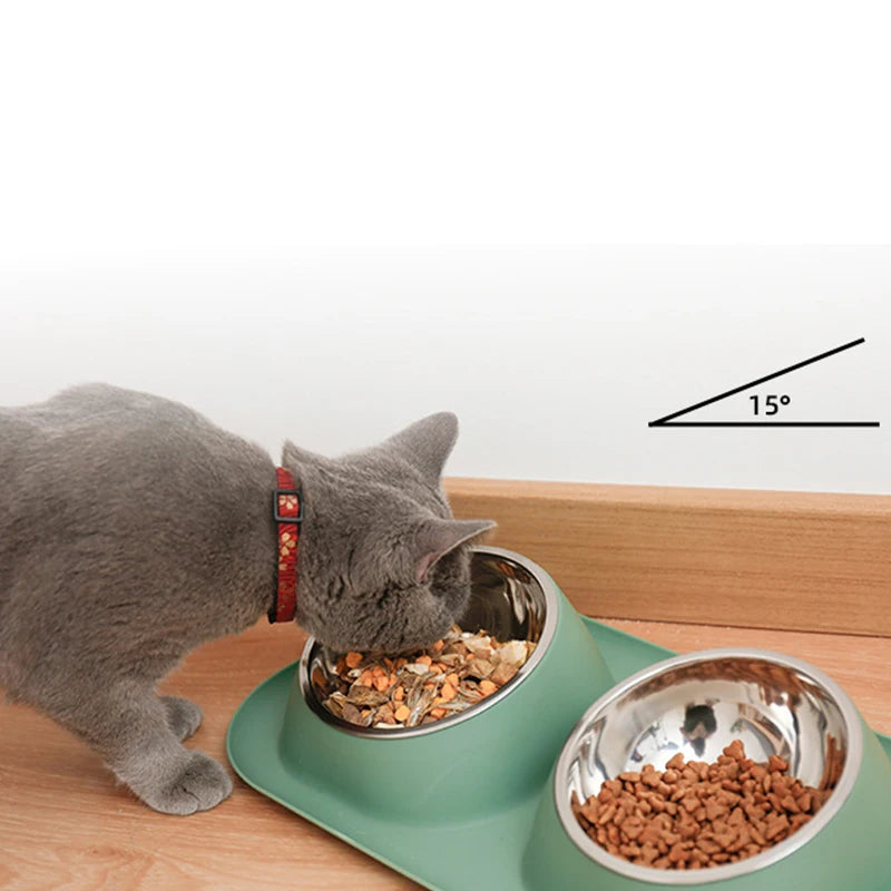 Ergonomic Inclined Cat Feeder Bowl Stainless Steel Raised Silicone Dog Bowl For Dogs Large No Spill Pet Mat Cat Food Supplies
