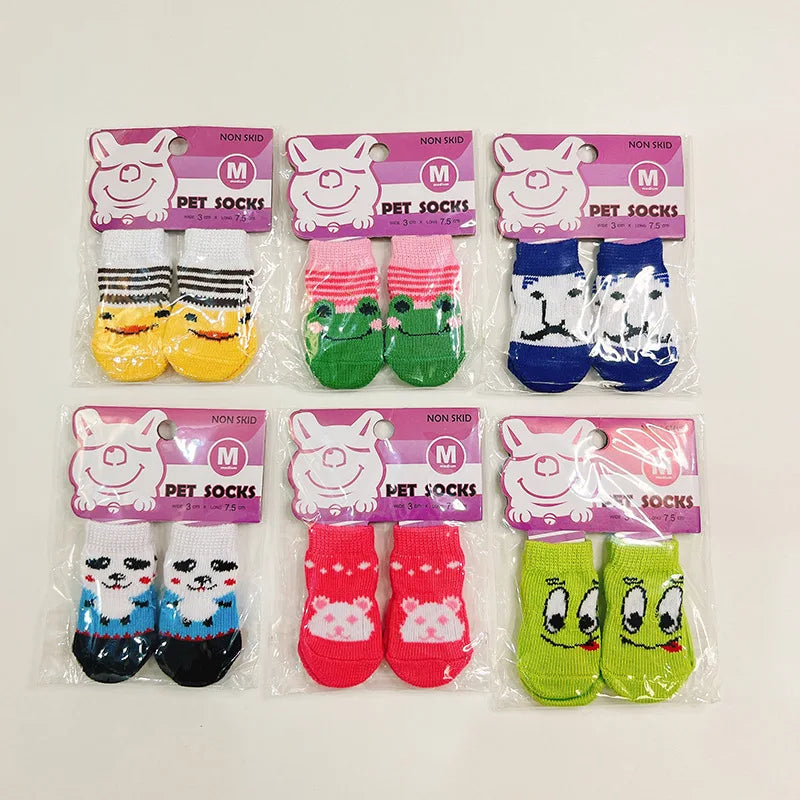 Outdoor Cartoon Shoes for Small Dogs 4pcs/Set Winter Cotton Knit Socks French Bulldog Foot Protector Anti-Slip Pet Accessories