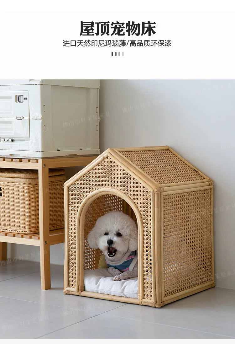 House Pet Bed Roof Kennel Rattan Cat Cat Bed Kitten Puppy Handmade Rattan Bed ins Korean Natural Rattan