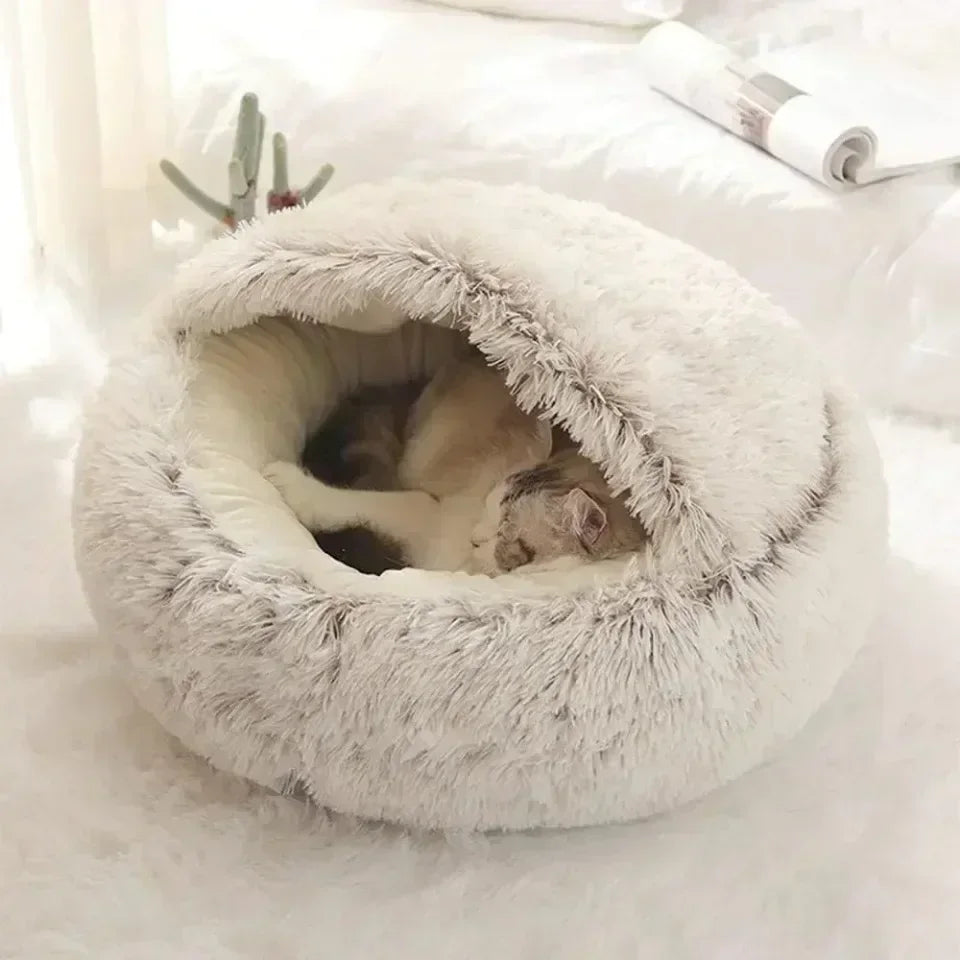 Long Soft Plush Round Cat Bed Comfortable Warm For Small Dogs Winter Sleep Bag Cats Nest Round Semi Enclosed Plush Pet Cat Bed